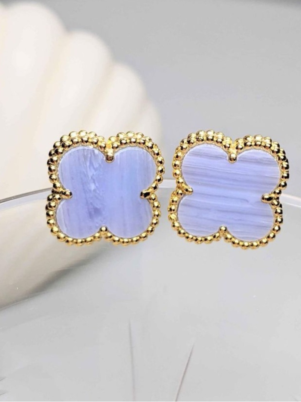 Gold Beaded Light Blue Lavender Clover Stud Earrings - Unbranded